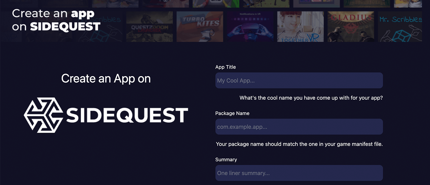 A screenshoot from Sidequest webpage: https://sidequestvr.com/account/create-app 